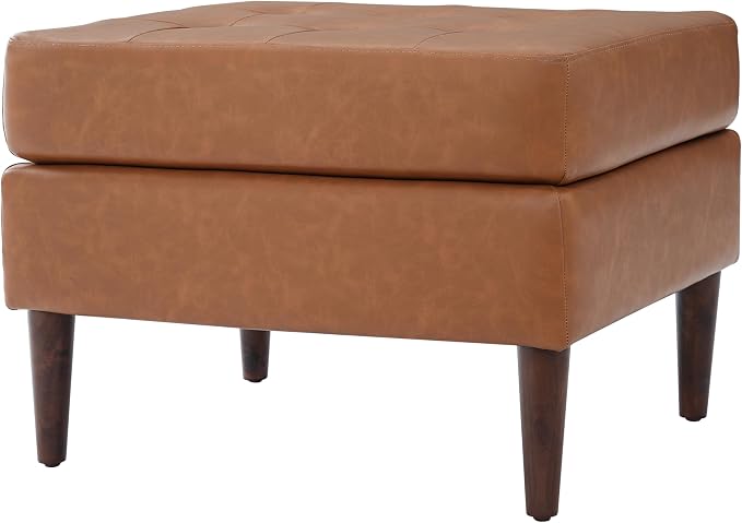 Christopher Knight Home Dalla Faux Leather Ottoman Coffee Table, Small Living Room Sofa Footrest, Wooden Rectangular Ottoman Footstool, Guest Extra Seat, Tan Brown+Walnut