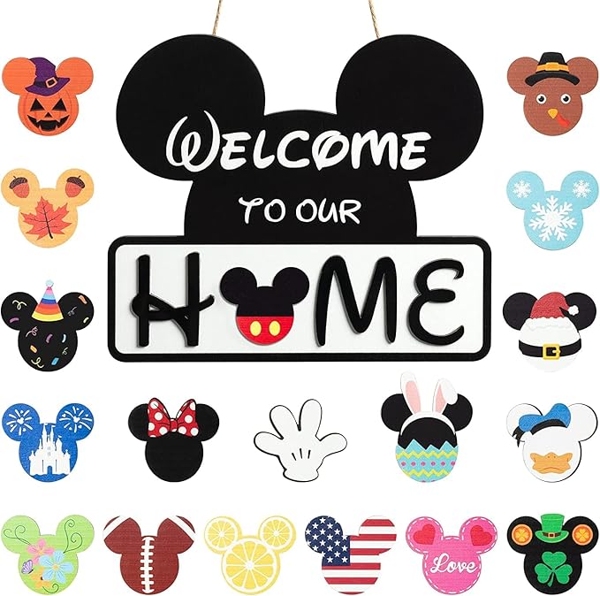 SUPYFD 19Pcs Cute Mouse Interchangeable Seasonal Welcome Door Sign for Front Door Decor, Welcome to Our Home Sign with Interchangeable Holiday Pieces for Farmhouse/Wall/Porch Decor and Housewarming