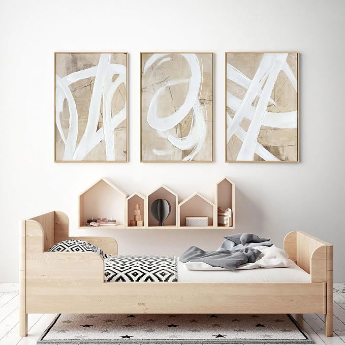 Zessonic Neutral Abstract Wall Art Minimalist White Brown Pastel Paint Strokes Shapes Textured Framed Wall Decor Artwork Canvas Paintings- Living Room Bedroom Office Modern Neutral 16"x24" 3 piece