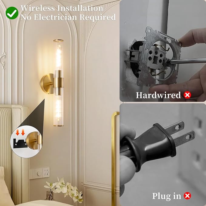 Rechargeable Wall Sconce Set of 2, Battery Operated Wall Sconce, Wireless Wall Lamp with Vertically Striped Glass Tube, Non-Hardwired Wall Sconces, Modern Vanity Light Fixtures for Bedroom, Hallway