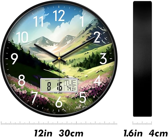 12 Inch Mountain Wildflowers Wall Clock, Silent Non-Ticking Battery Operated Analog Clock with LCD Calendar & Temperature Display, Modern Wall Clock for Living Room, Bedroom, Farmhouse, Cottage Decor