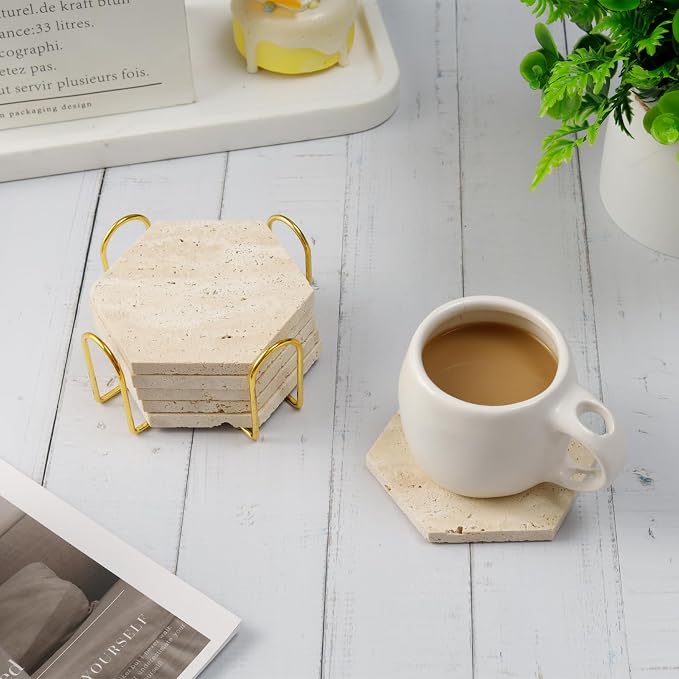 Travertine Coasters Set of 6 with Holder, Hexagonal Rustic Farmhouse Beige Marble Drink Coasters for Coffee Table Decor, Porous Stone Absorbent Coaster for Drinks, Velvet Backed