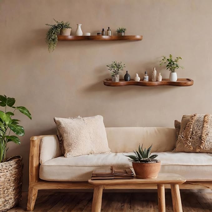 Pinkunn 2 Pcs Floating Shelves for Wall Wood Scalloped Floatings Shelf Live Edge Floating Shelves Modern Scalloped Mounted Shelf Farmhouse Wall Decor for Home Bedroom Kitchen(15.8" X 6", Wave, Walnut)