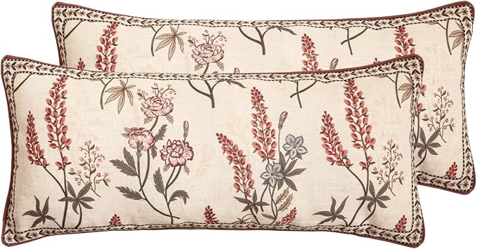 ISAENNE Designer Linen Throw Pillow Cover,Set of 2,28"x12"-Helena A | Elegant French Rectangle Pillow Cover,Concealed Zipper Design,Floral Pattern,Sofas,Bedroom,Living Room,Lounge Chairs