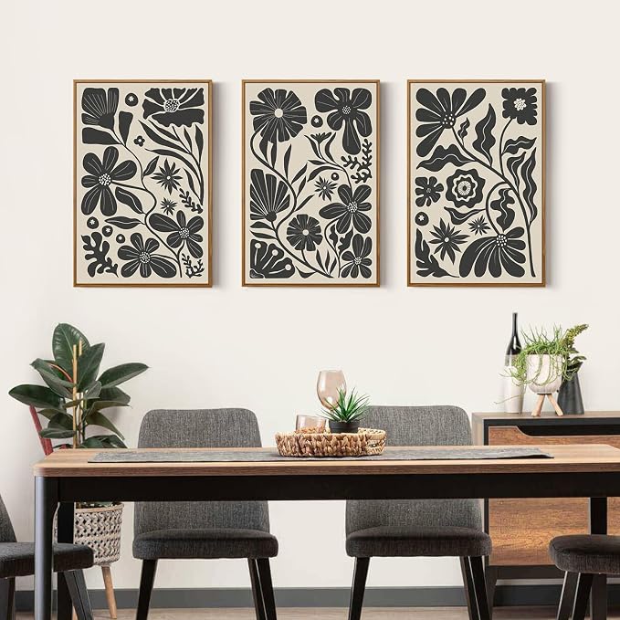 Black Floral Botanical Framed Canvas Wall Art Set, Abstract Floral Market Wall Decor, Modern Vintage Wall Painting, Boho Minimalist Art Print for Living Room Girl Room Office 16"x24"x3