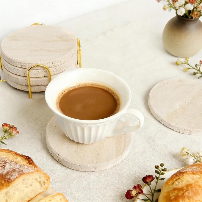 Natural Travertine Marble Coasters Set of 6-4" Round Stone Drink Coasters, Non-Slip Cork Backing, Festival Gifts, Wedding, Protect Tables from Stains & Scratches.