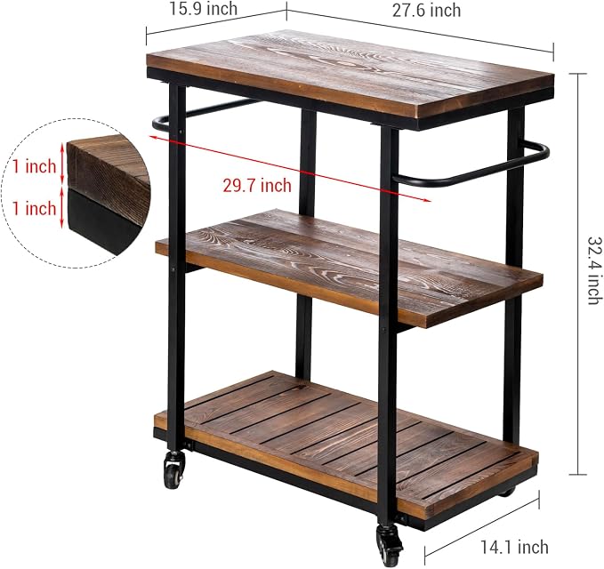 MyGift Rolling Bar Cart with Wheels, 3 Tier Home Bar Serving Cart, Drink Tea Coffee Cart for Kitchen Pantry Restaurant, Vintage Rustic Burnt Solid Wood and Industrial Matte Black Metal