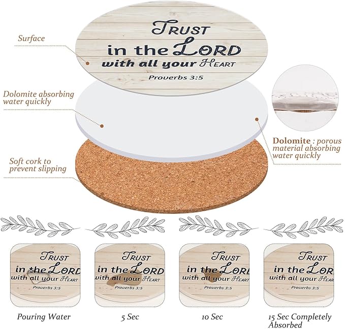 Billbotk Ceramic Coasters with Bible Verses, Christian Coasters Set of 8 with Holder, Absorbent Drink Coasters for Christian Gifts and Home Decor, 4 Inches