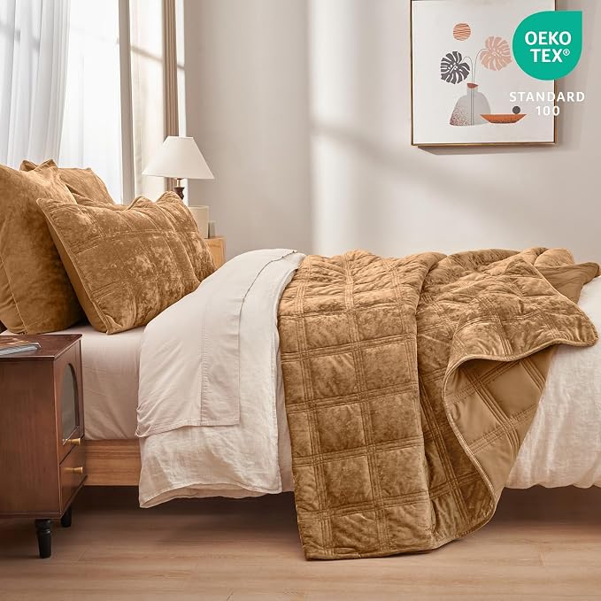 PHF Ultra Soft Velvet Quilt Set Twin Size – 2PCS Luxurious Cozy Quilted Comforter Alternative with Diamond Pattern, Warm Quilted Bedspread Coverlet, 68" x 92", Rusty Burnt Orange