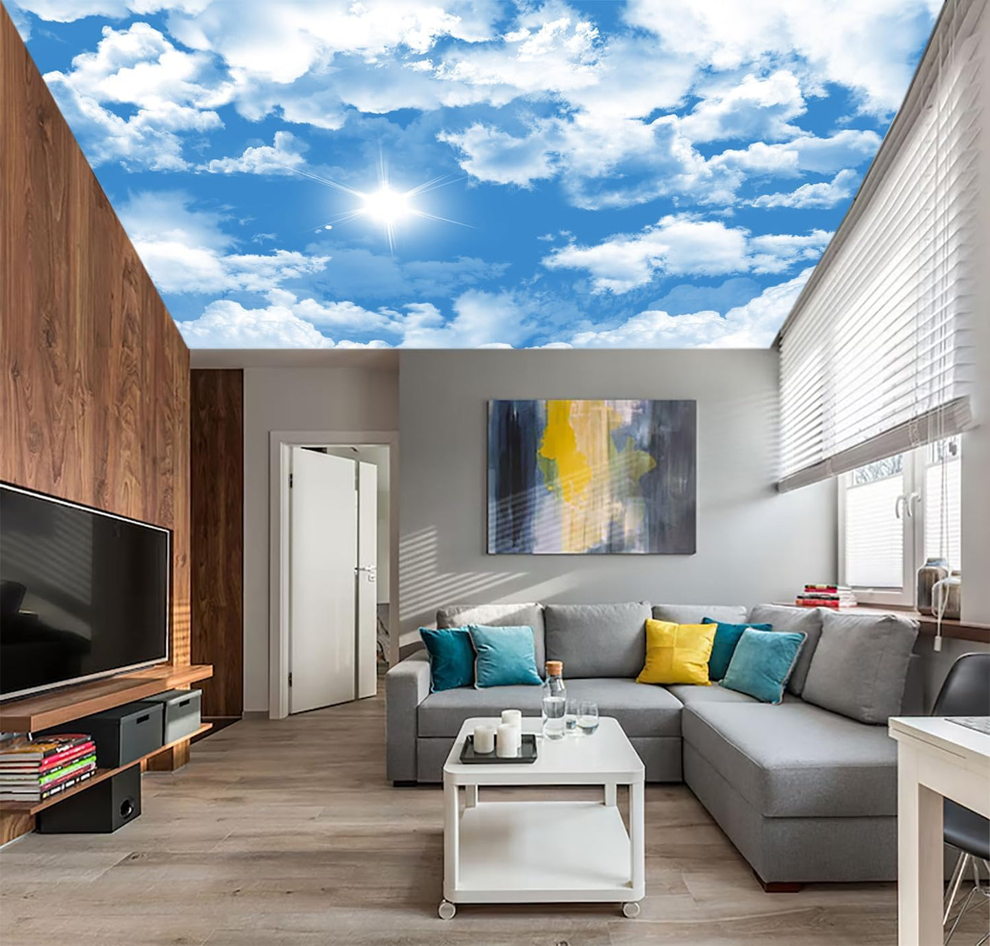 AFZEVEB-Ceiling Mural Blue Sky White Clouds Wallpaper for Living Room 136"x96"(Not Peel and Stick)