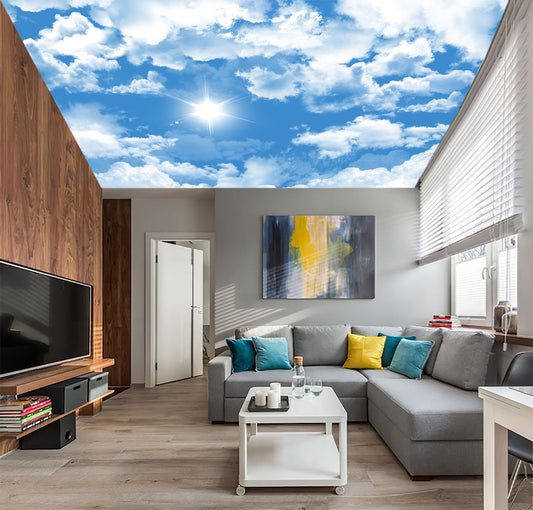 AFZEVEB-Ceiling Mural Blue Sky White Clouds Wallpaper for Living Room 136"x96"(Not Peel and Stick)