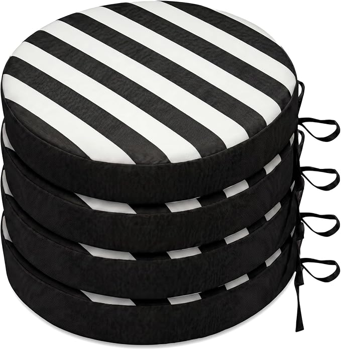 SK Studio Round Outdoor Chair Cushions for Patio Furniture, Set of 4 Waterproof Patio Chair Cushion with Adjustable Ties for Garden Sofa Couch, Black and White Stripe, 20"x20"x2"