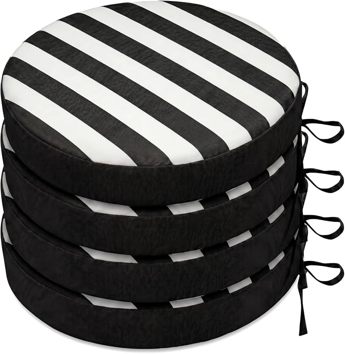 SK Studio Round Outdoor Chair Cushions for Patio Furniture, Set of 4 Waterproof Patio Chair Cushion with Adjustable Ties for Garden Sofa Couch, Black and White Stripe, 22"x22"x3"