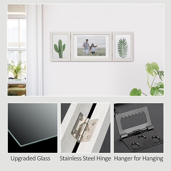 Afuly 3 Picture Frame 5x7 4x6 Triple Hinged Picture Frames White Folding Photo Frames Collage 3 Opening for Tabletop Desk Display Unique Gifts for Christmas Women Mom Couple Family, 2 * 4x6+1 * 5x7