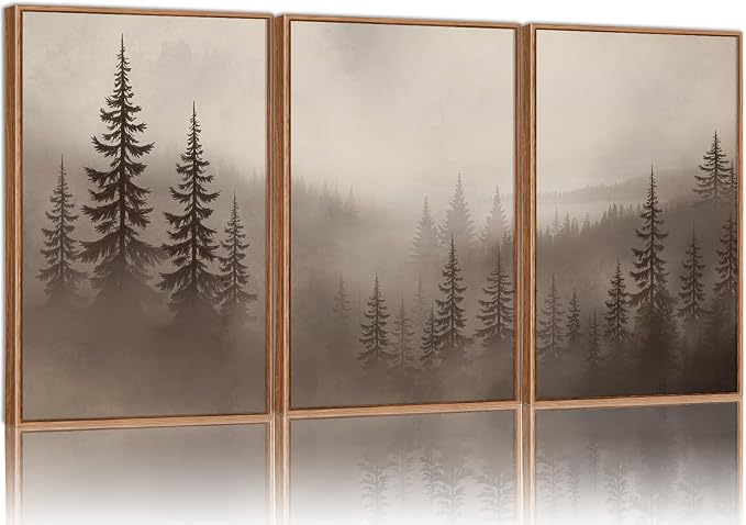 KYLESONLIE Misty Forest Framed Canvas Wall Art Set, Foggy Pine Tree Woodland Wall Decor, Calming Nature Zen Art Paintings, Minimalist Wood Landscape Artwork for Bedroom Living Room Office 16"x24"x3