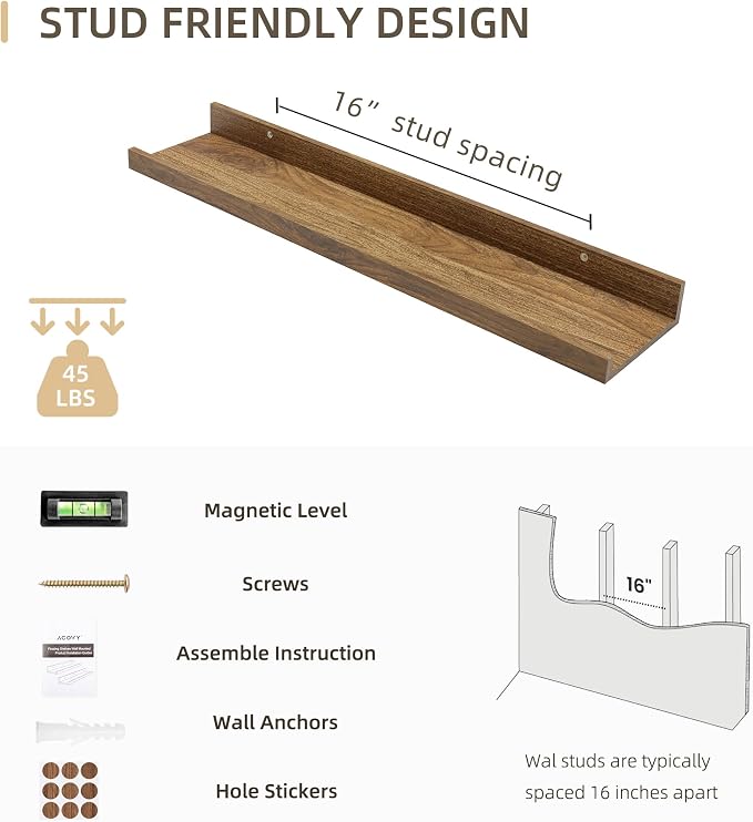 Acovy 24 inch Picture Ledge Shelf, Wood Floating Shelves Set of 4, Walnut | Photo Ledge, Wall Mounted, For Nursery Book Living Room Kids' Room Bedroom