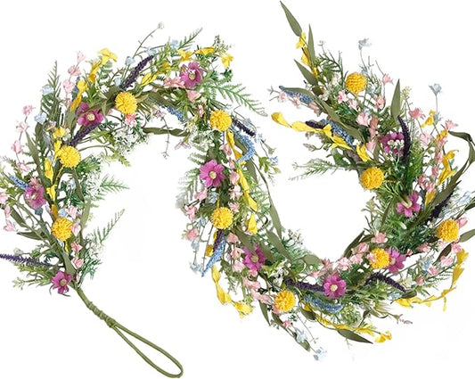 70-Inch Spring Summer Flower Garland for Mantle, Floral Garland with Colorful Wildflowers, Forsythia & Lavender Flowers for Decor, All Year Round Artificial Flower Garlands for Home Decor