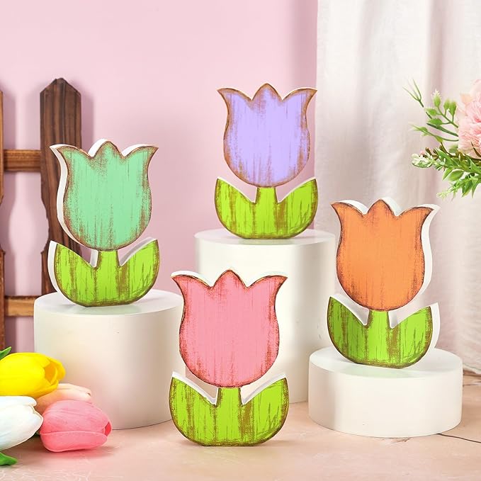 Whaline 4 Pcs Spring Tulip Flower Wooden Table Sign Tabletop Centerpiece Rustic Pastel Colorful Floral Tiered Tray Decor for Party Home Farmhouse Decoration