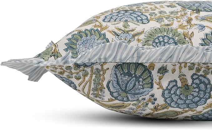 Ridhi Block Print Asparagus Green Throw Pillow Cover 16" x 16" (Pack of 2) Decorative Cushion Covers with Ruffle for Couch, Sofa, Bed, Living Room, Home Decor Gift for Spring, Easter, Valentine