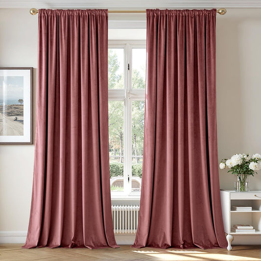 MIULEE Dusty Rose Pink Velvet Curtains 84 Inches Long, Thermal Insulated Blackout Drapes for Bedroom Living Room Patio Door, Light Blocking Window Panels, Rod Pocket, Set of 2 W66 x L84