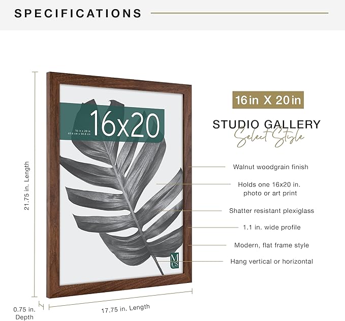 MCS Studio Gallery 16x20 Poster Frame Walnut Woodgrain Engineered Wood, Vertical & Horizontal Wall Hanging Large Picture Frame for Photos, Posters & Art Prints (1-Pack)
