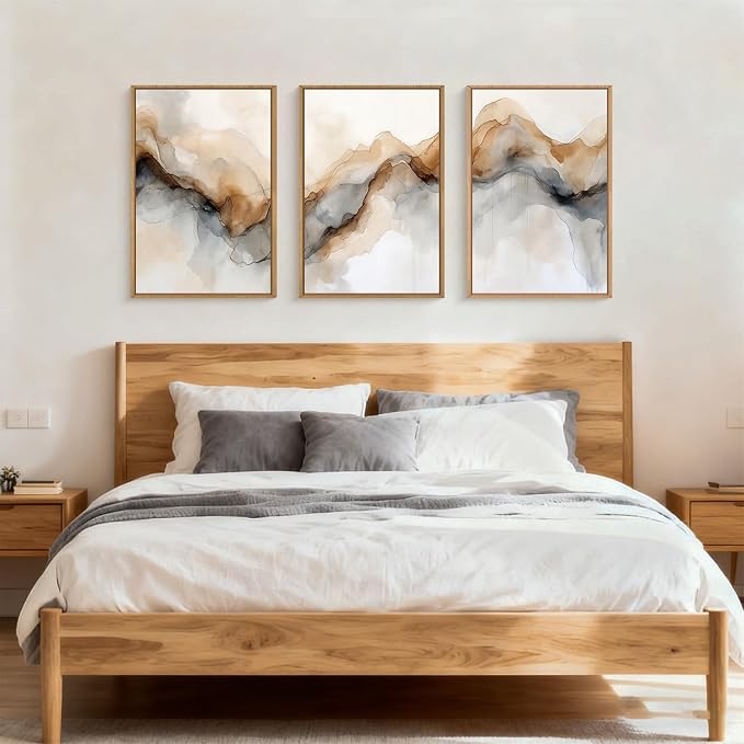 Abstract Neutral Framed Canvas Wall Art Set, Retro Watercolor Landscape Wall Decor, Modern Texture Art Prints, Minimalist Nature Wall Painting for Living Room, Bedroom, Office 16×24inches
