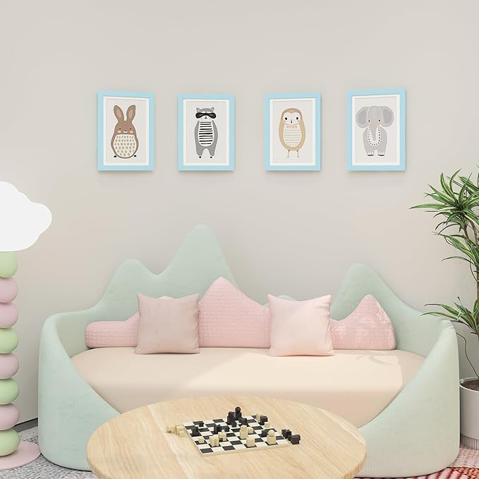 KINLINK A4 Kids Art Frame Set of 2, Solid Wood Kids Artwork Frames Changeable with Front Opening hold 150 Pictures, Art Frames for Kids Art with Mat，without Mat A4 Picture Frame Light Blue