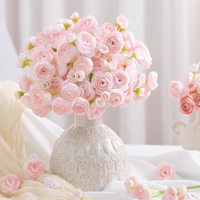 Alupssuc 42Pcs Ranunculus Artificial Flowers Faux Silk Mini Ranunculus, Spring Flowers Artificial Indoor for DIY Bouquets, Bulk Fake Wedding Filler Flowers for Bride Shower Decorations, Shabby Blush