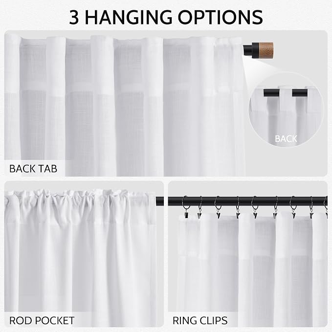 Nanspring Snow White Linen Curtains 84 Inch Length 2 Panels Set for Living Room Light Filtering Semi Sheer Curtain Back Tab Luxury Neutral Coastal Modern Farmhouse Decor Drapes for Bedroom 52x84
