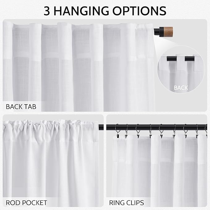 Snow White Linen 120 Inch Curtains for Living Room Light Filtering Semi Sheer Curtain Back Tab Luxury Neutral Coastal Modern Farmhouse Decor Floor to Ceiling High Window for Bedroom 52x120,2 Panels