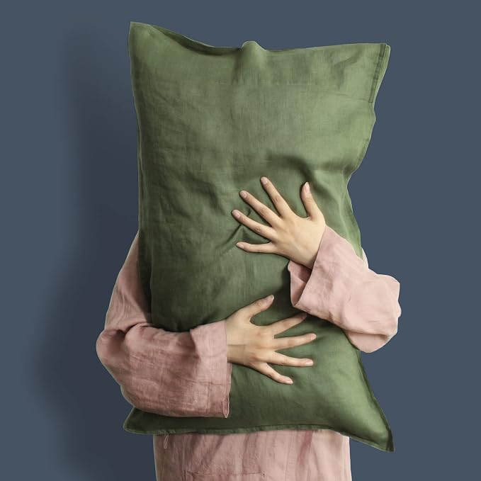 Linen Pillow Cases 100% French Natural Linen Pillowcase Set of 2-Stone Washed Moisture-Absorbing Linen Pillow Shams King Size(20''x40''),Olive Green