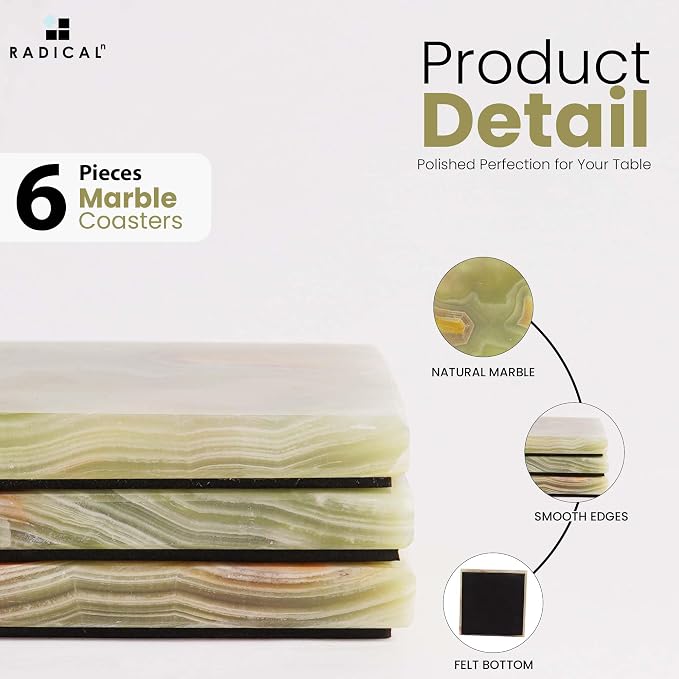 Radicaln Green Onyx Marble Coasters Set of 6 Handmade 3.5" Inch Square Coasters for Drinks, Ideal Coaster Set for Dining & Coffee Tables Decor