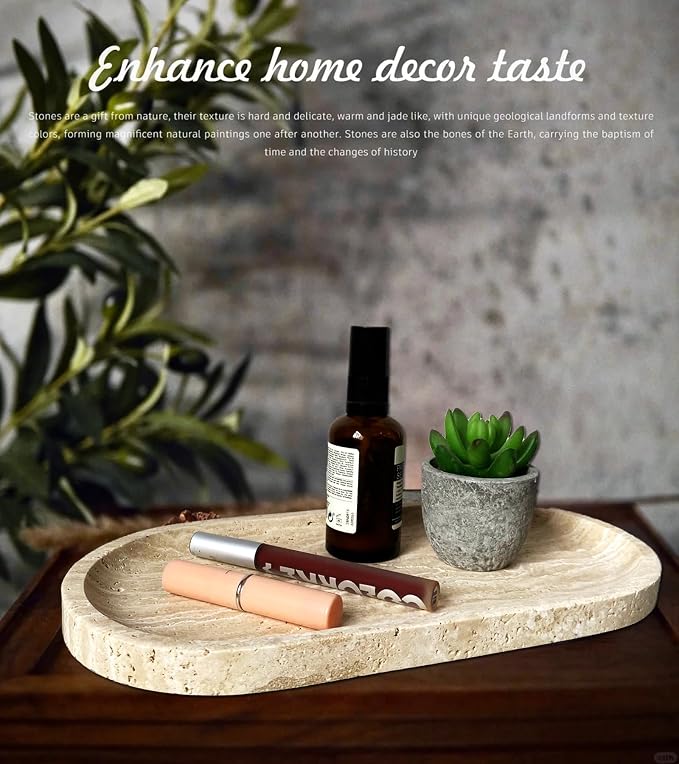 Natural Oval Travertine Vanity Tray 11.8 x 5.9inches, Beige Marble Stone Tray Dish Bathroom Catchall Tray for Jewelry Perfume Candle, Large Decorative Tray for Bedroom/Counter/Home Decor