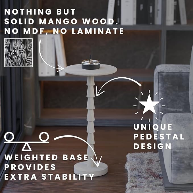 Relso Sakala Solid Mango Wood Drink Table - 24" High, Stylish Pedestal Design, Versatile End Table for Living Room, Bedroom, Nightstand, Compact Plant Holder, Modern Minimalist, Indoor Outdoor Use