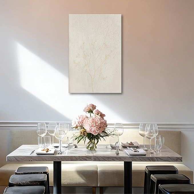 ZUNARE Minimalist Botanical Canvas Wall Art Neutral Beige and Gold Line Plant Painting Modern Abstract Artwork for Living Room Bedroom Office Decor 32x48 inch