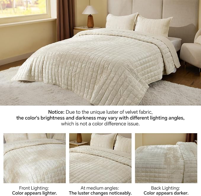BEDELITE Velvet Quilt Set Queen Size - Luxury Soft Velvet Comforter Bedding Set for All Season, Lightweight Quilted Box Stitch Oversized Bedspread Coverlet with 2 Matching Shams, Shiny Cream White
