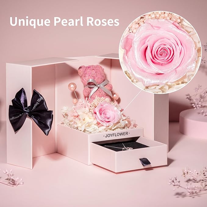 JoyFlower Preserved Flowers with Necklace Gifts for Mom, Unique Pearl Rose Eternal Flower Bear with Necklace Gift for Grandma, Preserved Real Pink Roses Mother's Day Birthday Gift for Mother Grandma