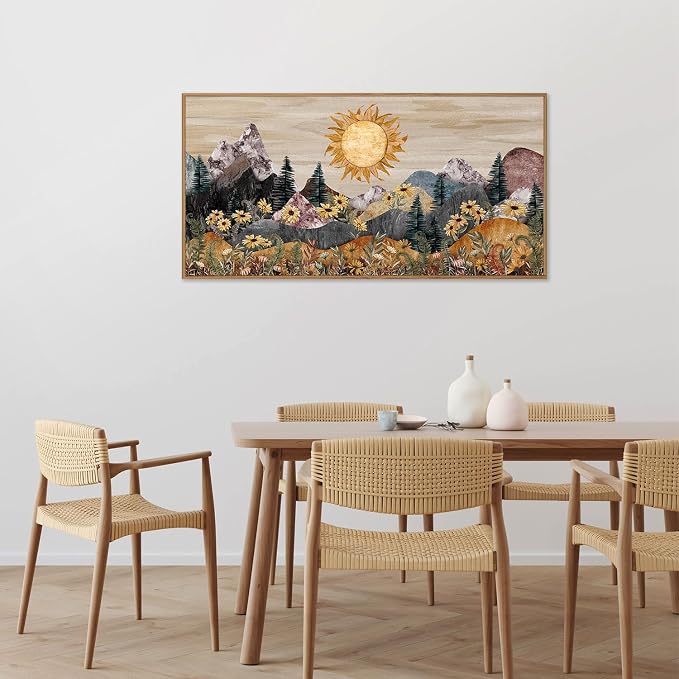 Rantodecor Boho Mountain Framed Canvas Wall Art, Western Daisy Floral Landscape Wall Decor, Rustic Fern Flowers Art Painting, Modern Fantasy Nature Sun Artwork for Bedroom Living Room Office 40"x20"