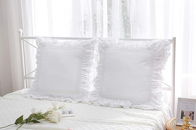 Lace White Euro Shams Throw Pillow Covers Cushion Cases with Ruffles Cotton 20"X20" Zipper Closure Luxury Elegant 2-Pack