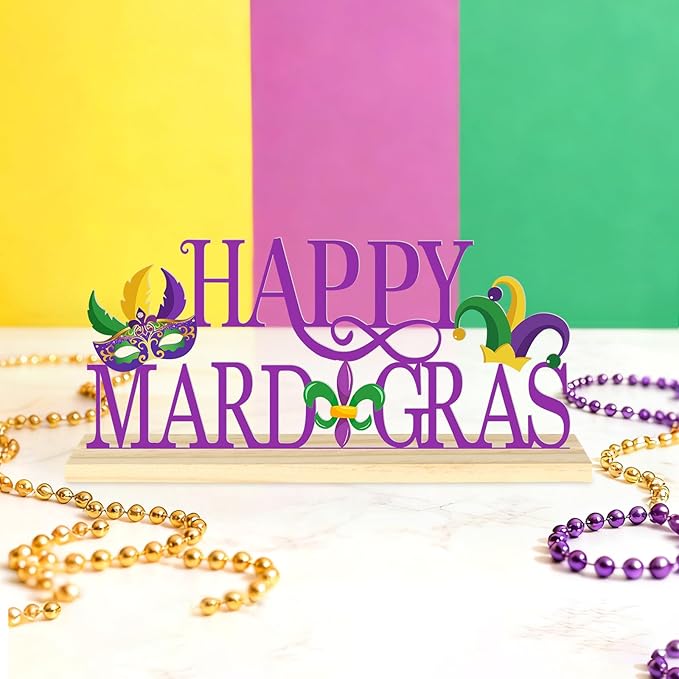 Happy Mardi Gras Metal Table Sign, Mardi Gras Table Decoration Centerpiece, Metal Letter Sign with Wooden Base, Holiday Tabletop Decor for Home, Office, Mantel, Party Supplies