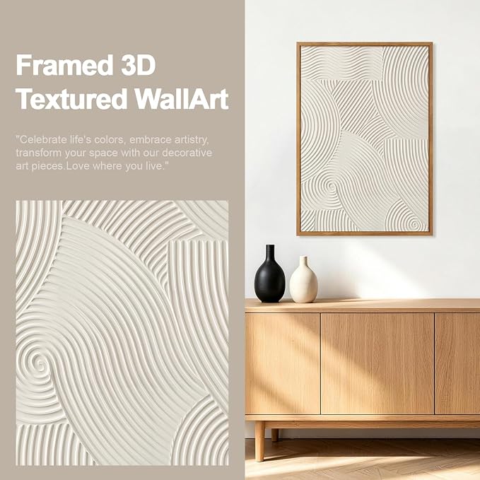 CHDITB 3D Textured Framed Canvas Wall Art Set, Black White Geometric Abstract Curve Impasto Minimalist Wall Decor, Modern Relief Art Prints for Living Room Hallway Bedroom Home Wall Decor 24"x36"x3
