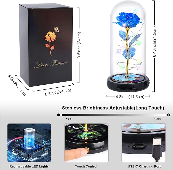 Mothers Day Flowers Gifts for Mom Women Birthday Gift Rechargeable Galaxy Glass Rose in Glass Dome Forever Crystal Eternal Rose Anniversary Mothers Day Roses Gifts for Daughter Wife Women Grandma Blue