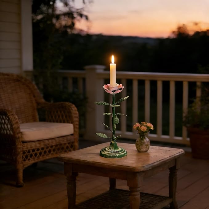 2-Piece Vintage Rose Taper Candle Holders, Distressed Green Metal Candlestick Stands with Pink Floral Design, 12.2" Tall Rustic Farmhouse Tabletop Decor for Wedding, Dining & Home