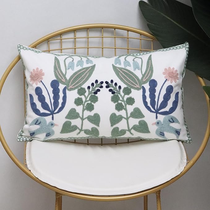 Pack of 2 Embroidered Decorative Throw Pillow Cover 18x18 Inch Farmhouse Floral Pillowcase for Living Room Sofa Bed (Bird Flower-Waist)