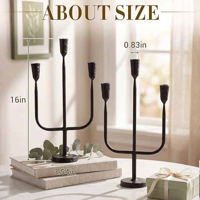 2 Pcs 16 Inch 3 Arm Metal Candelabra Cast Iron Taper Candelabra Vintage Tall Candle Holder Decorative Candlestick Holder for Wedding Antique Table Centerpiece & Mantel Decor (Black)