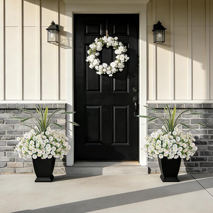 INXUGAO Artificial Flowers for Spring Outdoors Fake Plants Outside, 12 Bundles Silk Morning Glory with Eucalyptus UV Resistant Realistic Faux Flowers for Porch Planter Garden Patio Decor (White)