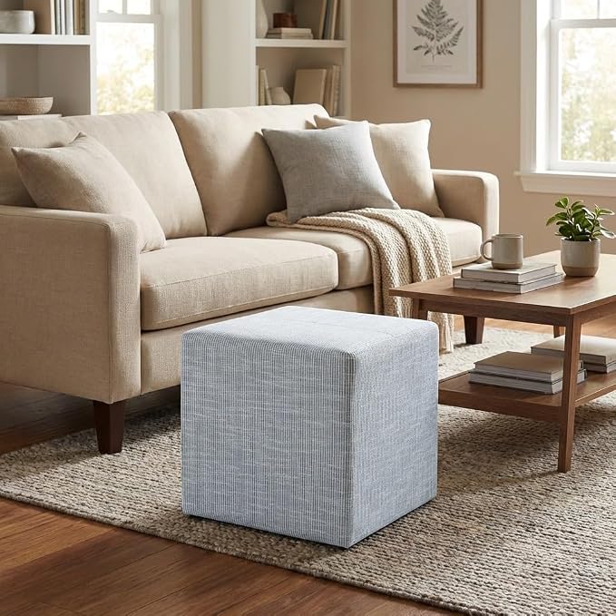 HomePop 19" Square Ottoman - Blue Pinstripe Fabric