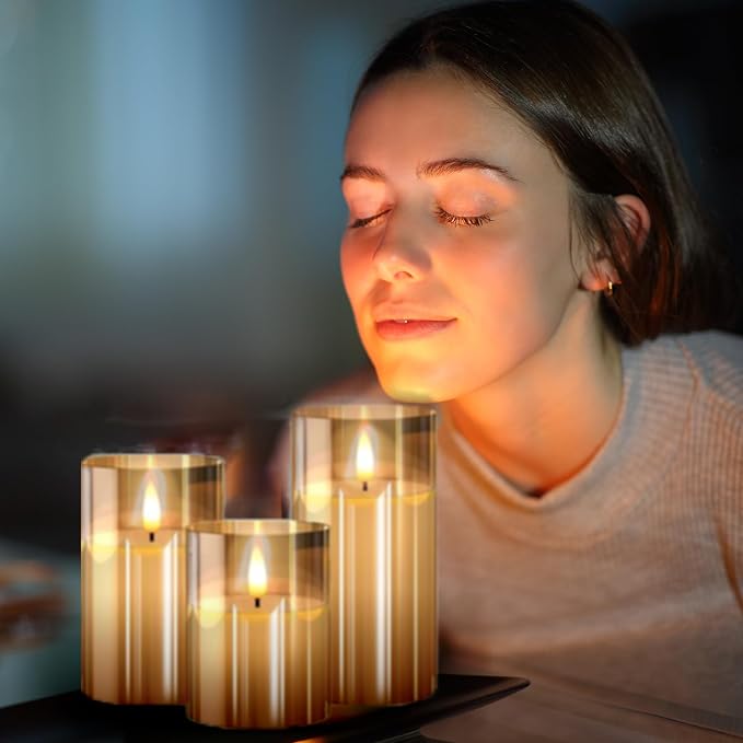 LinYang Scented Flameless LED Candles with Remote Timer, Real Wax Glass | Scented Flameless Candles Set