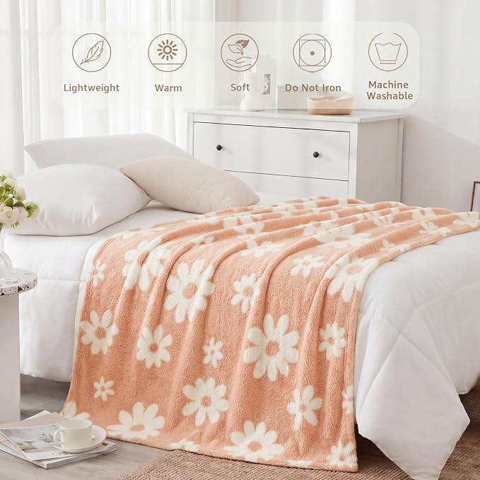 WRENSONGE Soft Throw Blanket for Couch-Cozy Reversible Knitted Blankets | Lightweight Warm Fluffy Decor for Women, Mom, Her & Girls, Sofa, Chair, Bed, 50x70in,Daisy Floral Peach Orange