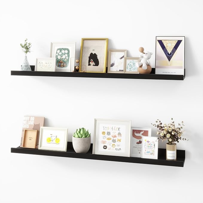 Acovy 36 inch Picture Ledge Shelf, Wood Floating Shelves, Black, Set of 2 | Wall Mounted, For Living Room Kids' Room Bedroom, Photo Ledge Nursery Book Shelves